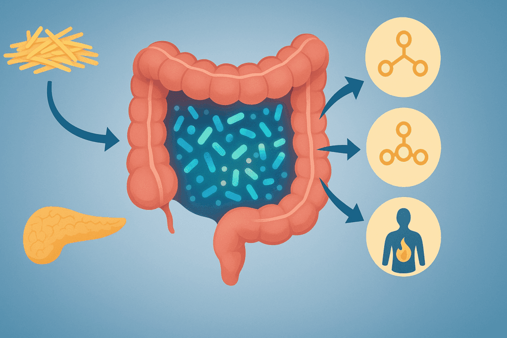 Infographic showing how fiber fuels gut microbiota to produce SCFAs that boost metabolism, answering can a high-fiber diet make you gain weight