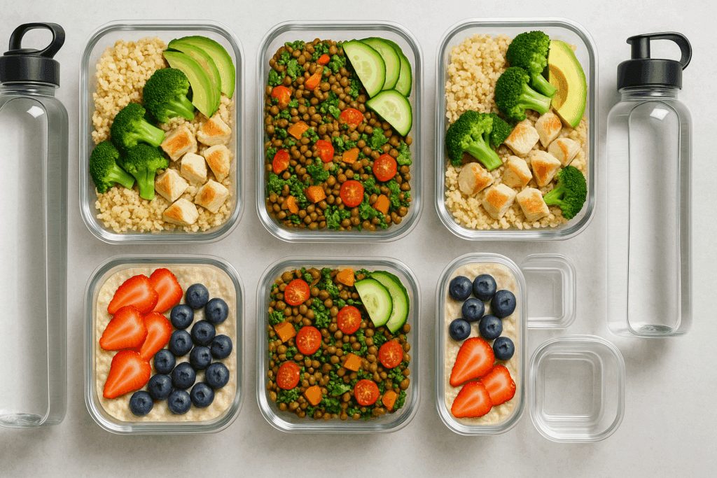 Meal prep containers with quinoa, lentils, oats, and fruit arranged with water bottles, illustrating mindful eating and asking can a high-fiber diet make you gain weight