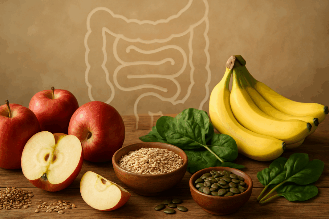 Rustic wooden table with apples, bananas, leafy greens, grains, and seeds arranged to illustrate a fiber food chart for digestive health.