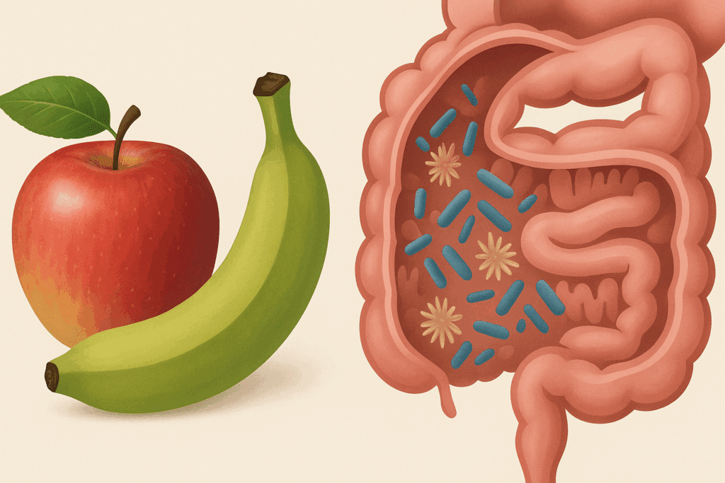 Split image showing apple and green banana alongside a stylized digestive tract, illustrating gut bacteria interaction from a fiber food chart perspective