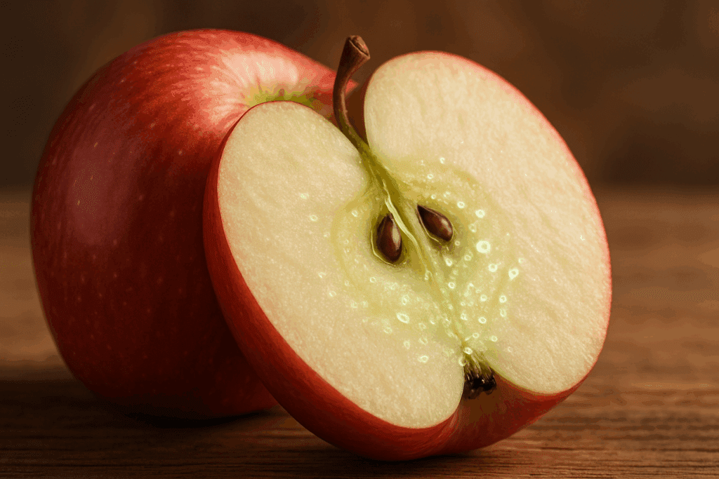 Sliced red apple on a wooden table showing fibrous skin and flesh, illustrating a healthy example for a fiber food chart