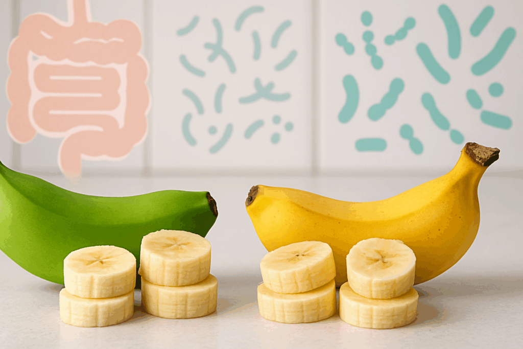 Green and ripe bananas sliced on a kitchen counter with digestive system graphics in the background, illustrating a fiber food chart concept.
