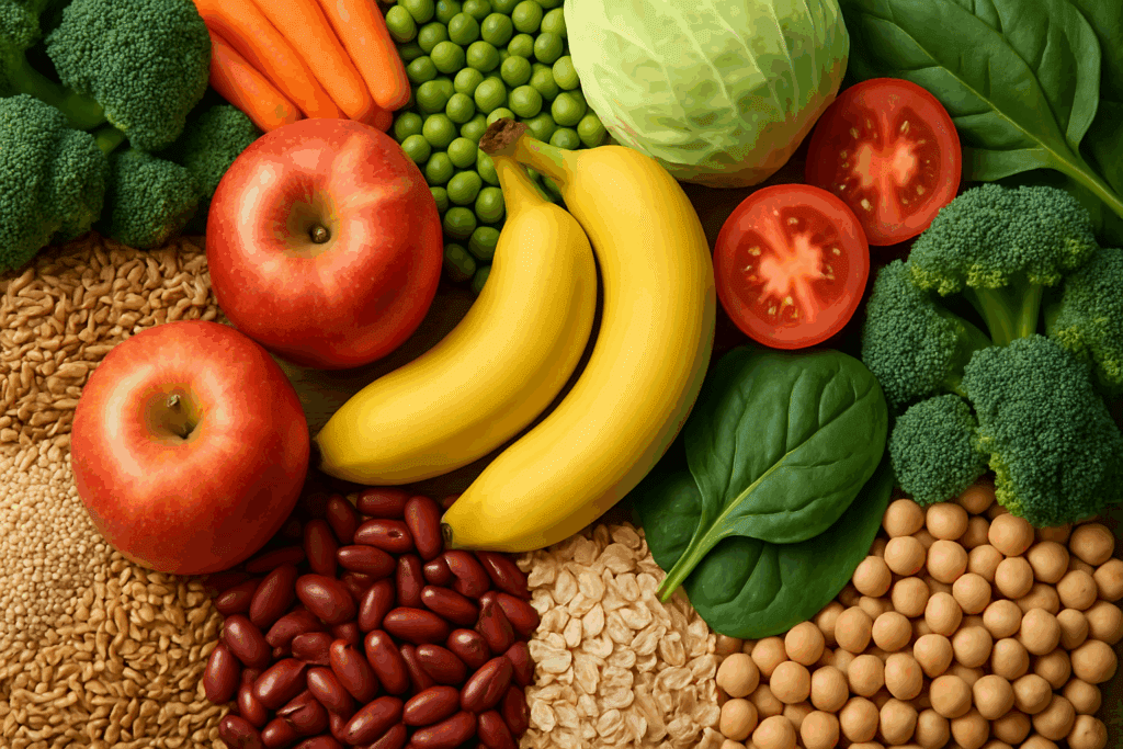 Overhead view of a fiber food chart featuring apples, bananas, legumes, grains, and colorful vegetables arranged in neat sections.