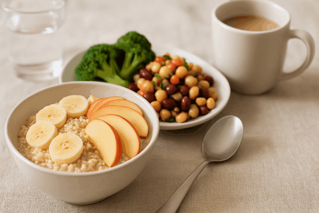 Wholesome breakfast with oatmeal topped with bananas and apples, broccoli, and bean salad, illustrating a real-life fiber food chart meal.