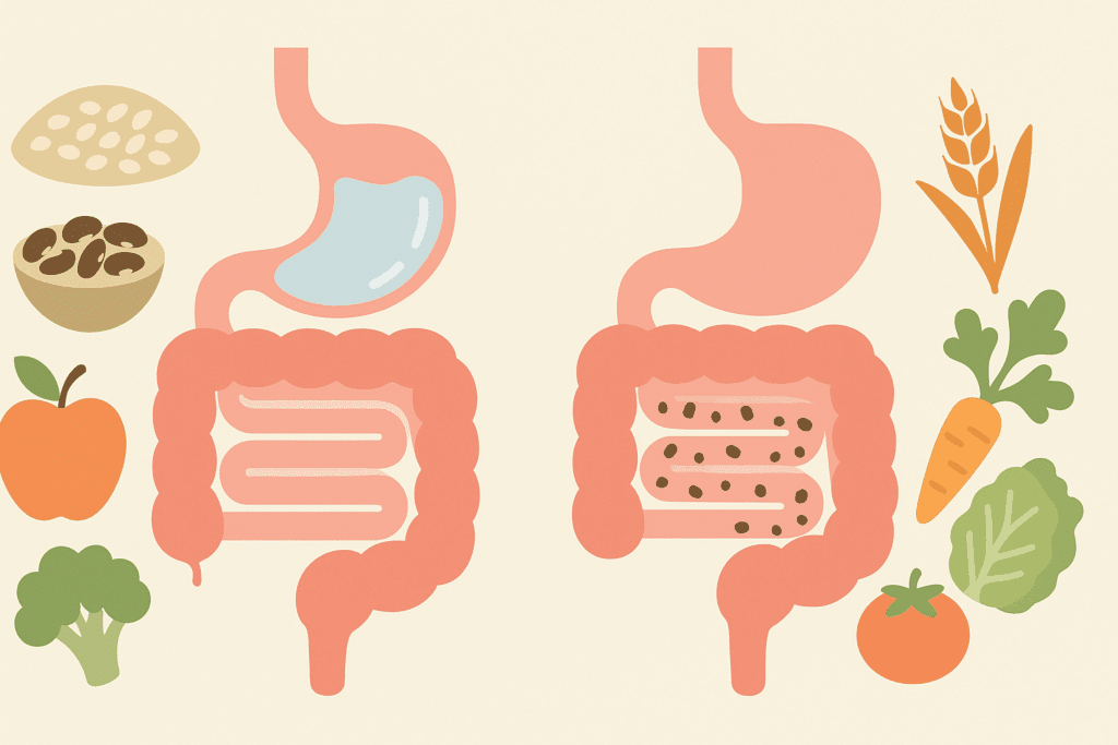 Infographic showing how soluble and insoluble fiber work in the digestive system with food sources like oats, beans, vegetables, and fruits, highlighting the role of fiber in eggs for gut health