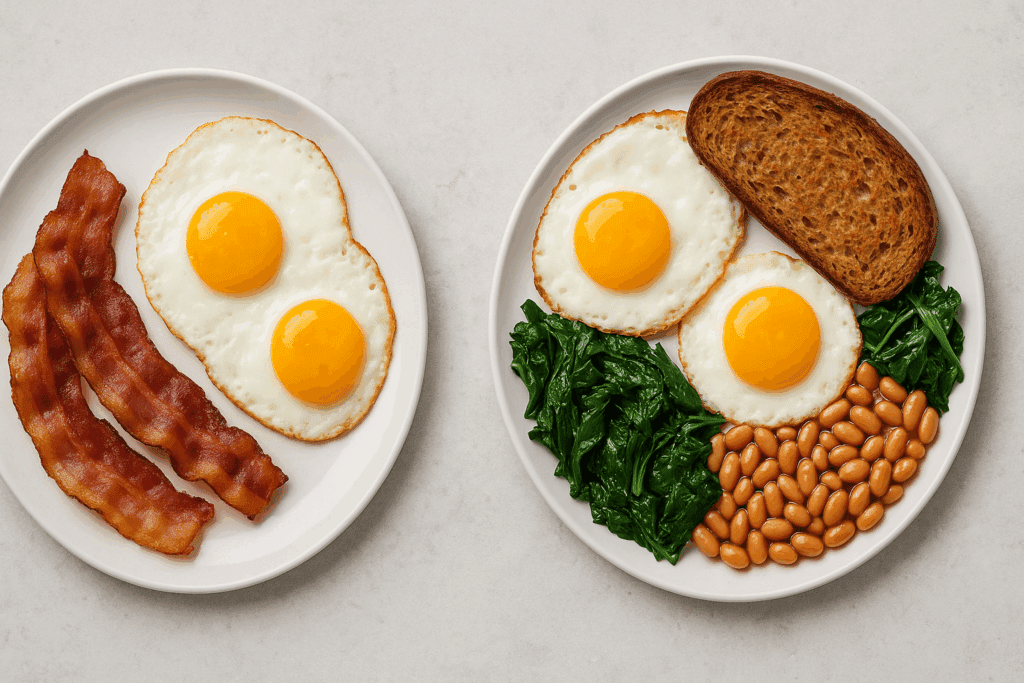 Two breakfast plates side by side, one with eggs and bacon showing a low-fiber meal, the other with eggs, beans, greens, and toast illustrating ways to add fiber in eggs-based dishes.