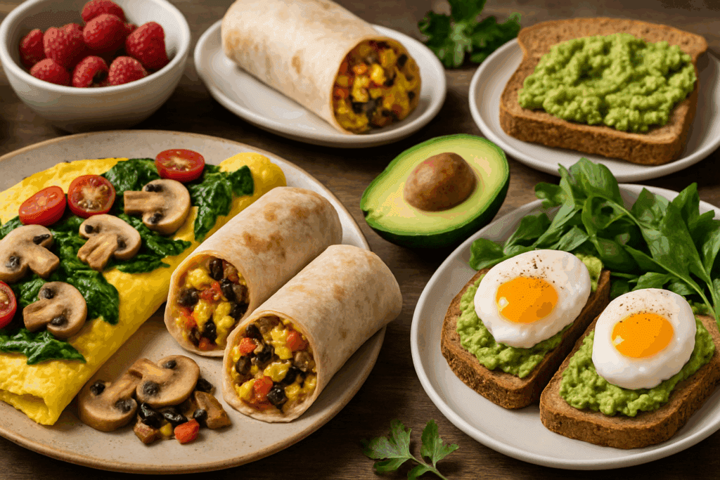 Breakfast spread with veggie omelet, avocado toast with eggs, and burritos that visually suggest fiber in eggs due to fiber-rich ingredients