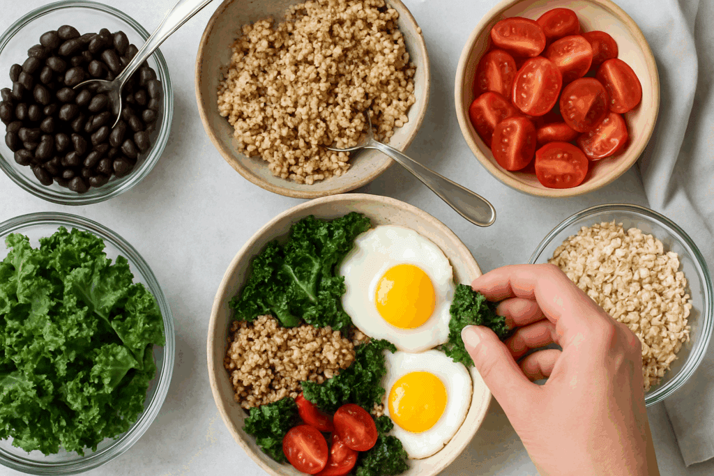 Colorful breakfast meal prep with black beans, quinoa, kale, tomatoes, oats, and sunny-side-up eggs highlighting fiber in eggs combinations.