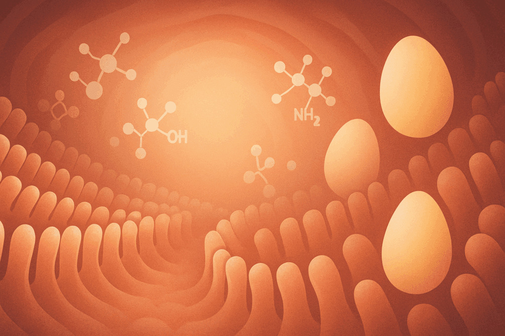 Conceptual gut interior with egg shapes and amino acid molecules symbolizing how fiber in eggs supports gut lining repair