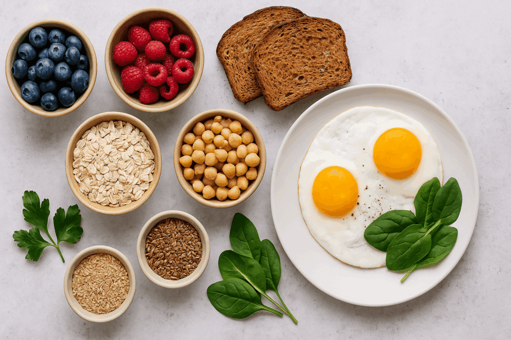 High-fiber breakfast plate with fried eggs, berries, oats, legumes, whole grain toast, seeds, and spinach highlighting fiber in eggs pairing.