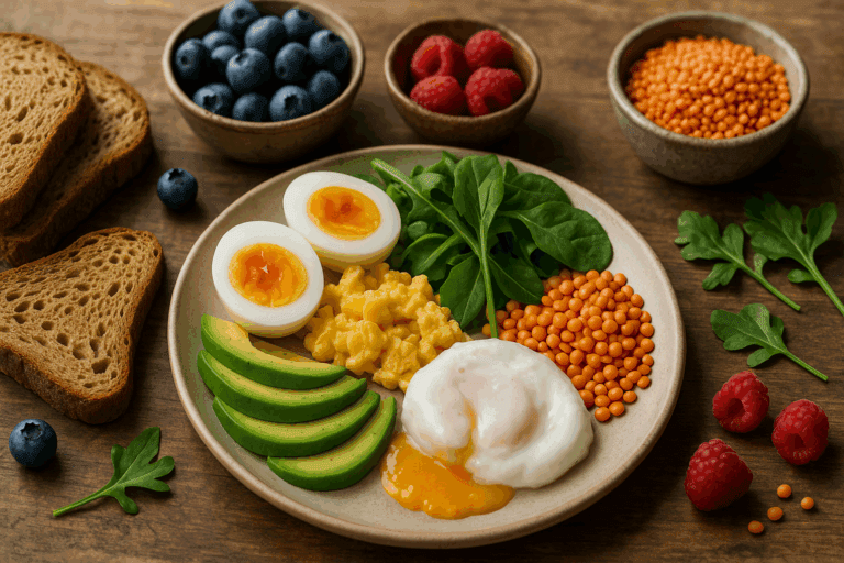 Healthy breakfast plate with poached, scrambled, and boiled eggs surrounded by high-fiber foods like avocado, lentils, leafy greens, and berries, illustrating fiber in eggs pairing for gut health.