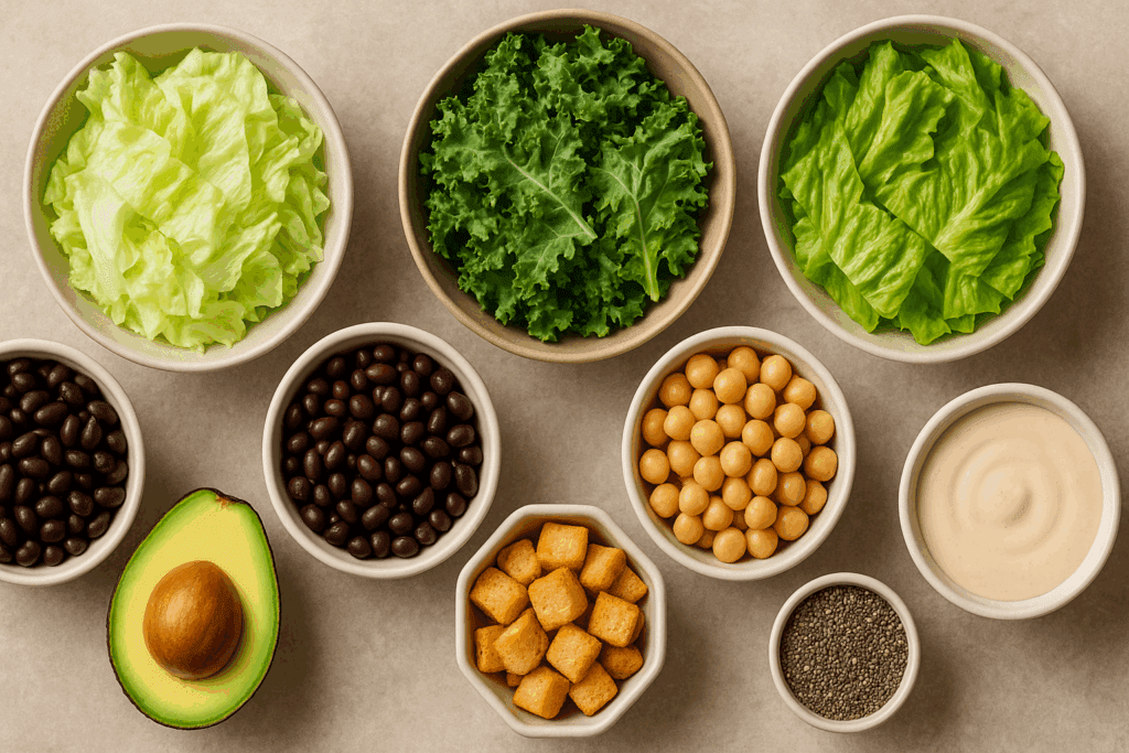 The Surprising Truth About Fiber in Salad: Is This Gut-Healthy Food Really High in Fiber? 2 Top-down view of salad ingredients in bowls—iceberg lettuce, kale, romaine, black beans, chickpeas, avocado, chia seeds, croutons, and creamy dressing—highlighting the contrast in fiber in salad components.