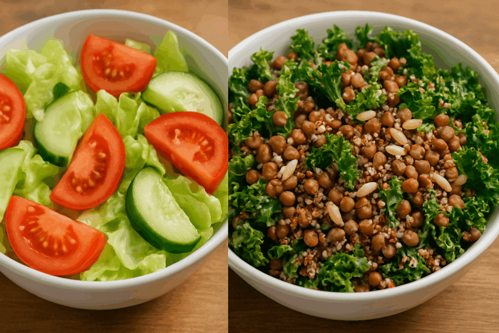 The Surprising Truth About Fiber in Salad: Is This Gut-Healthy Food Really High in Fiber? 3 Side-by-side comparison of two salads, one with iceberg lettuce, tomatoes, and cucumbers, and the other with kale, lentils, quinoa, and sunflower seeds, illustrating differences in fiber in salad"