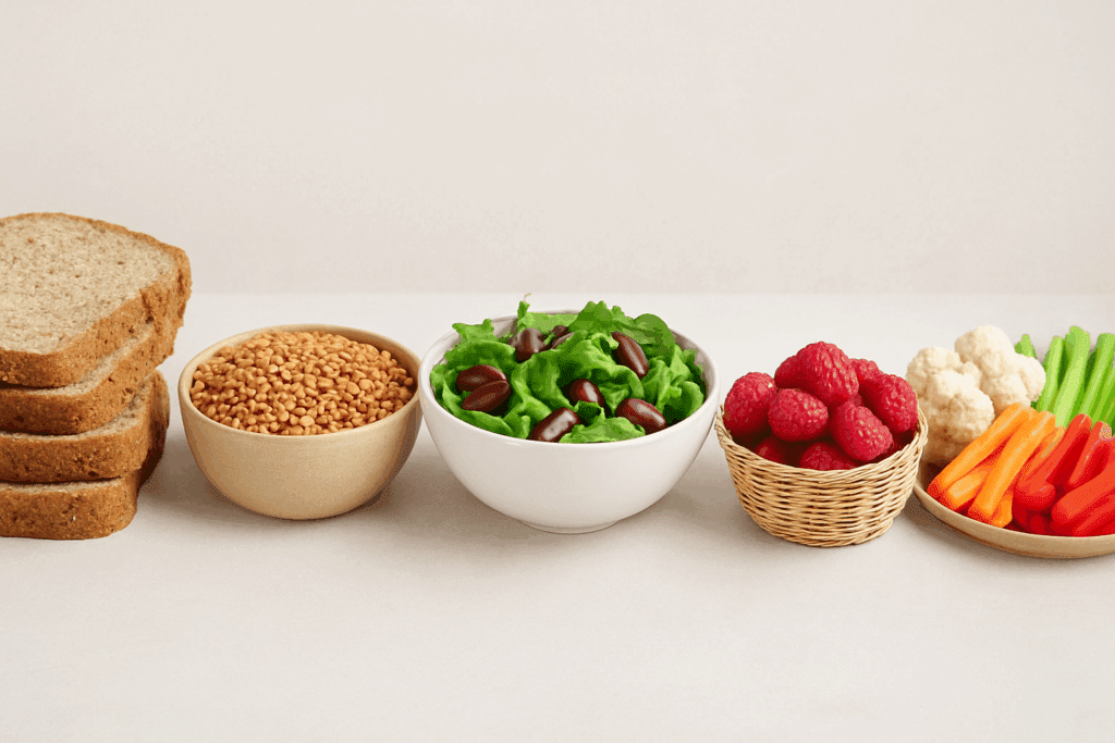The Surprising Truth About Fiber in Salad: Is This Gut-Healthy Food Really High in Fiber? 4 Stack of whole grain bread, bowl of lentils, salad with beans highlighting fiber in salad, raspberries, and raw vegetables on a white surface.