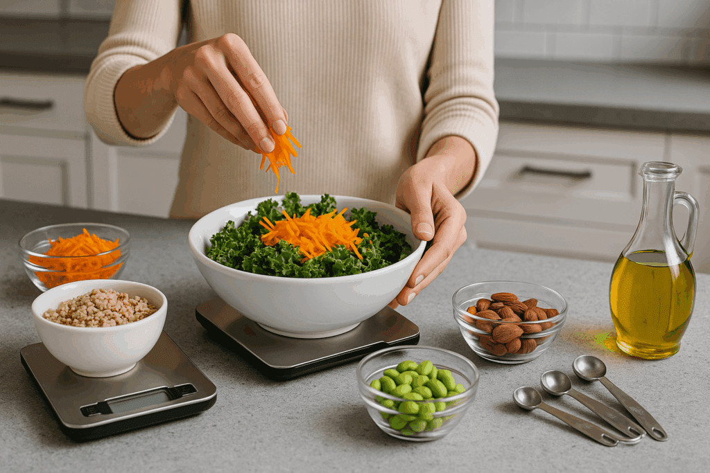 The Surprising Truth About Fiber in Salad: Is This Gut-Healthy Food Really High in Fiber? 5 Person assembling a high-fiber salad with kale, shredded carrots, quinoa, edamame, and almonds to boost fiber in salad.