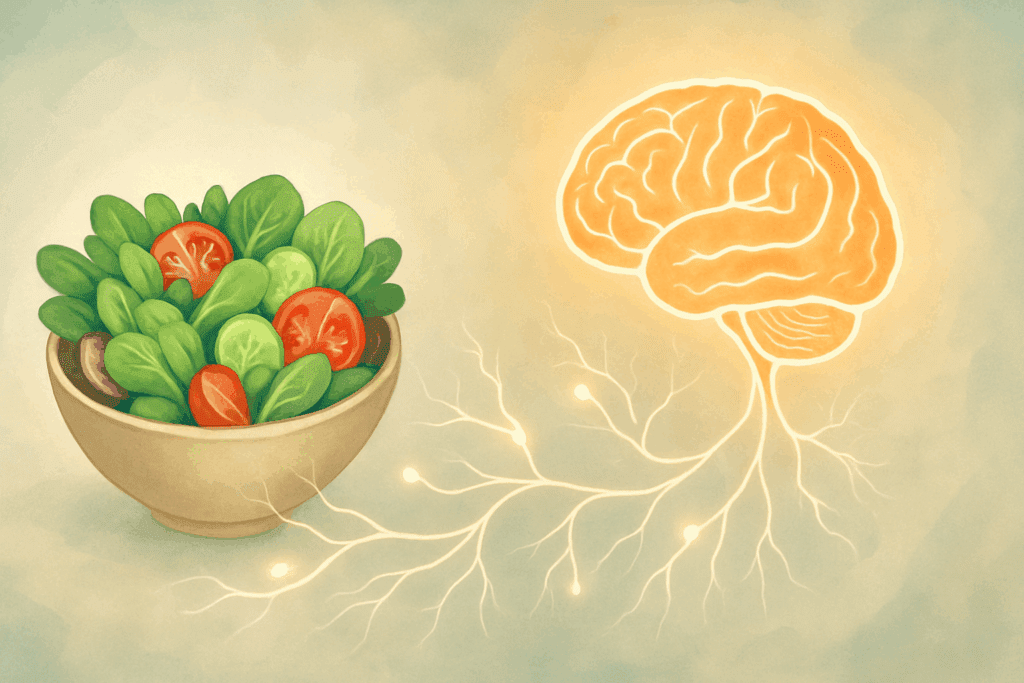 The Surprising Truth About Fiber in Salad: Is This Gut-Healthy Food Really High in Fiber? 6 Artistic illustration of the gut-brain axis showing fiber in salad connecting to a glowing brain via neural pathways, symbolizing emotional and cognitive health.