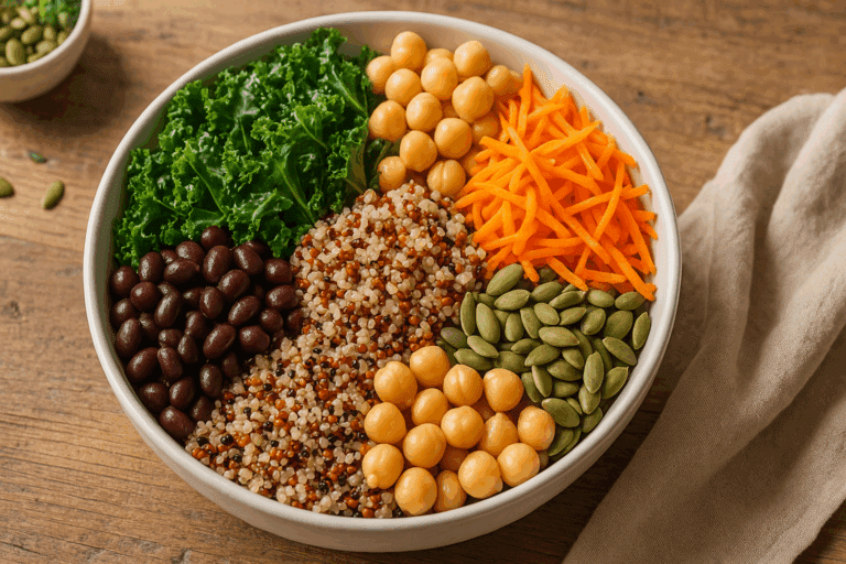 Colorful bowl of fiber in salad featuring kale, chickpeas, quinoa, black beans, shredded carrots, and pumpkin seeds on a rustic wooden table