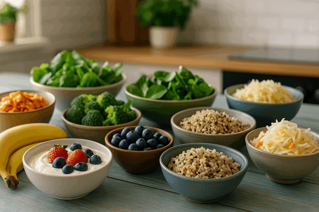 Colorful spread of gut healthy meals featuring bowls of fermented vegetables, leafy greens, quinoa, bananas, blueberries, and yogurt with berries on a bright kitchen table