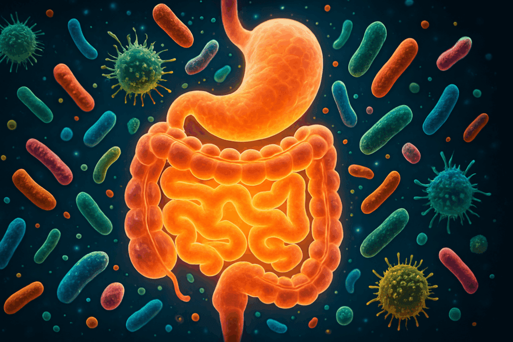 Glowing human digestive tract surrounded by colorful microorganisms, symbolizing a thriving microbiome supported by gut healthy meals