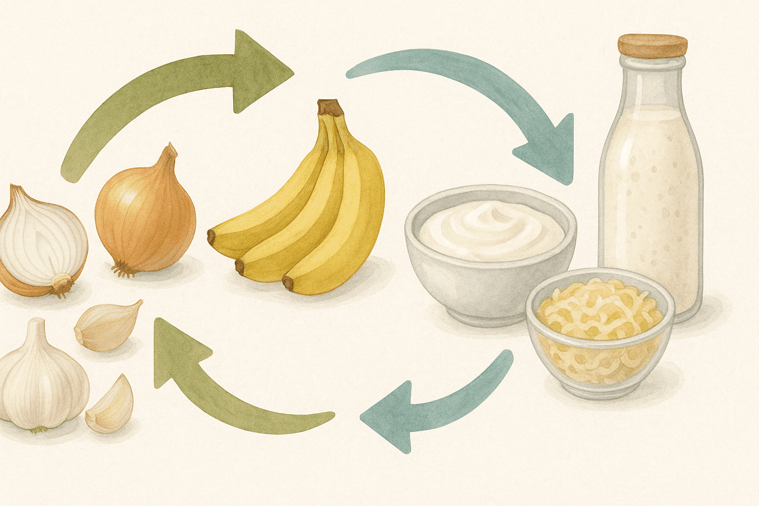 Scientific illustration of gut healthy meals showing garlic, onions, bananas, yogurt, sauerkraut, and kefir with arrows symbolizing prebiotic and probiotic symbiosis