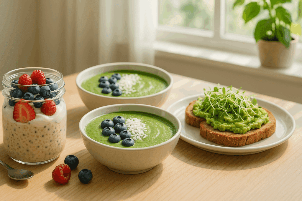 Bright breakfast table with overnight oats, green smoothie bowls, and avocado toast showcasing gut healthy meals