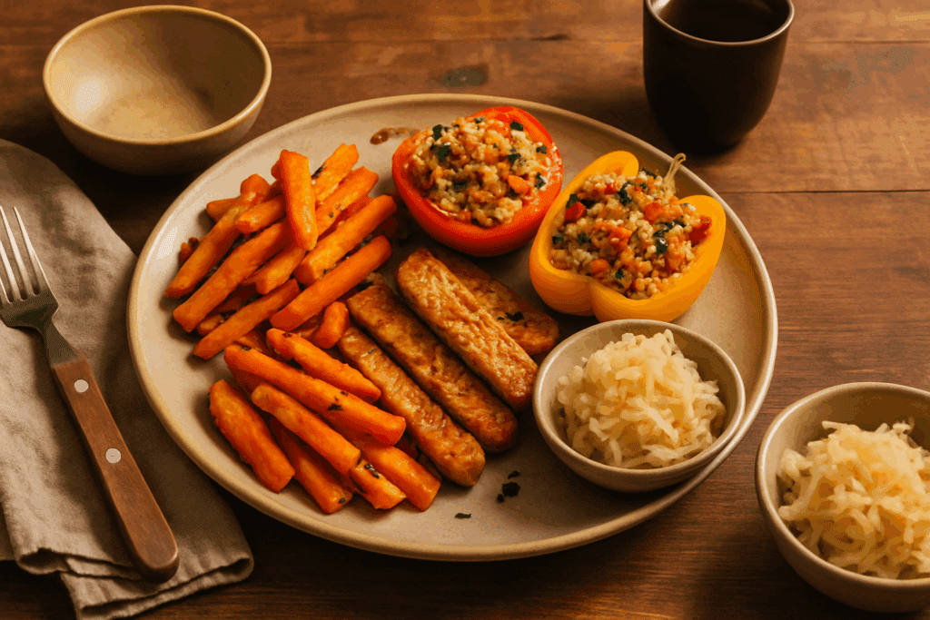 Rustic dinner table featuring gut healthy meals with roasted root vegetables, grilled tempeh, colorful stuffed peppers, and sauerkraut.