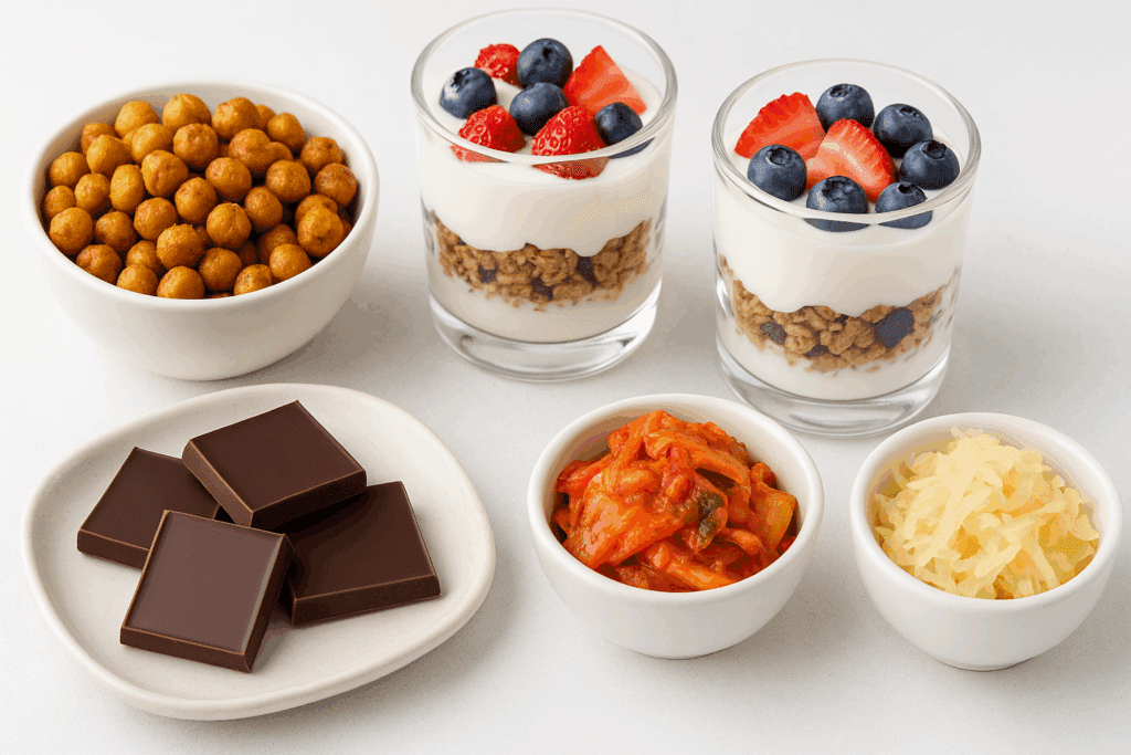 Gut healthy meals featuring roasted chickpeas, yogurt parfaits with berries and granola, dark chocolate squares, and fermented kimchi and sauerkraut on a clean white background