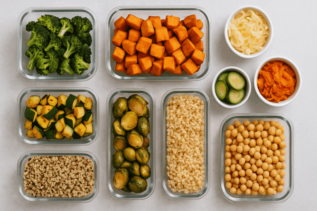Meal prep layout featuring colorful gut healthy meals with roasted vegetables, grains, legumes, and fermented foods on a kitchen counter