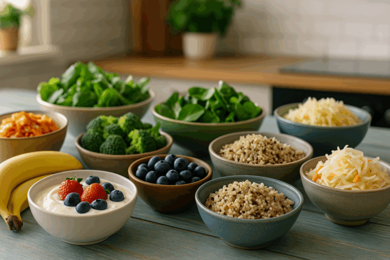 Colorful spread of gut healthy meals featuring bowls of fermented vegetables, leafy greens, quinoa, bananas, blueberries, and yogurt with berries on a bright kitchen table