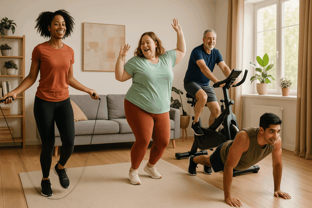 Diverse group of people doing cardio alternatives to running at home, including jump rope, dancing, biking, and bodyweight exercises in a bright living room.