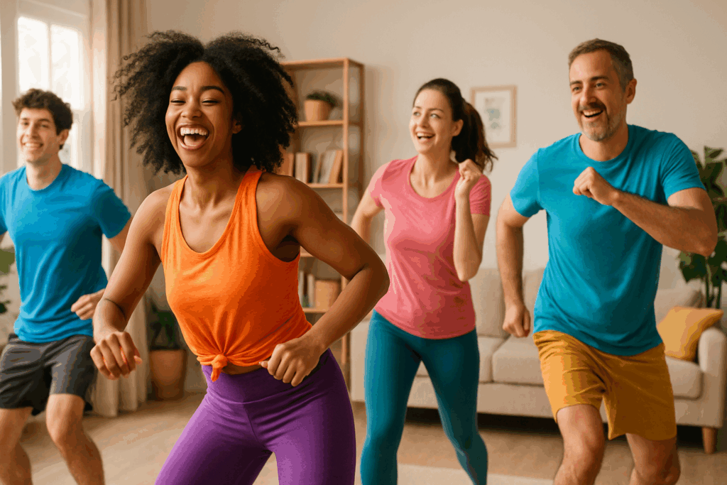 Group of adults enjoying a home dance workout in colorful attire, demonstrating Cardio Alternatives to Running at Home through energetic movement.