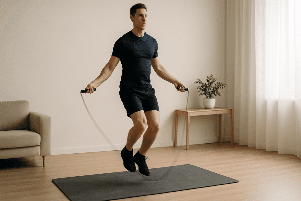 Fit adult jumping rope indoors on a mat, showcasing high-energy movement as one of the cardio alternatives to running at home.