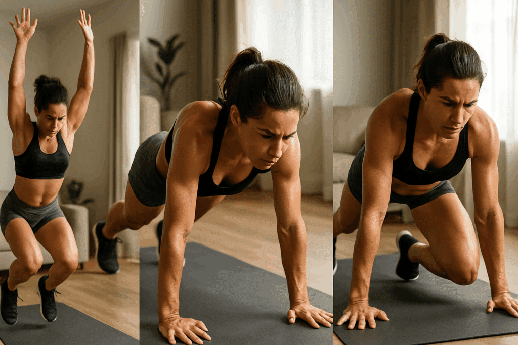 Woman doing burpees, mountain climbers, and plank jacks on a yoga mat in a living room as part of cardio alternatives to running at home