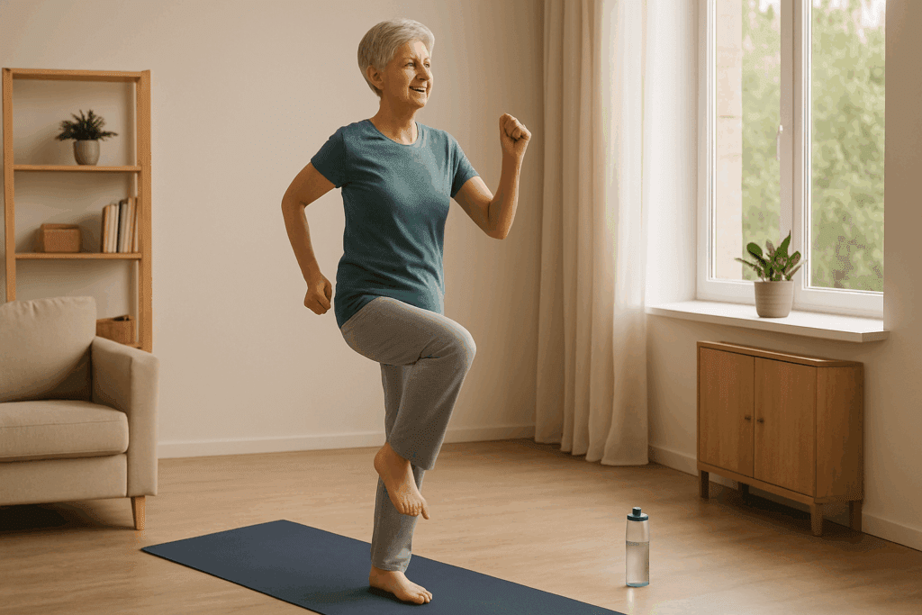 Older woman marching in place on a yoga mat in a sunlit living room, demonstrating cardio alternatives to running at home.