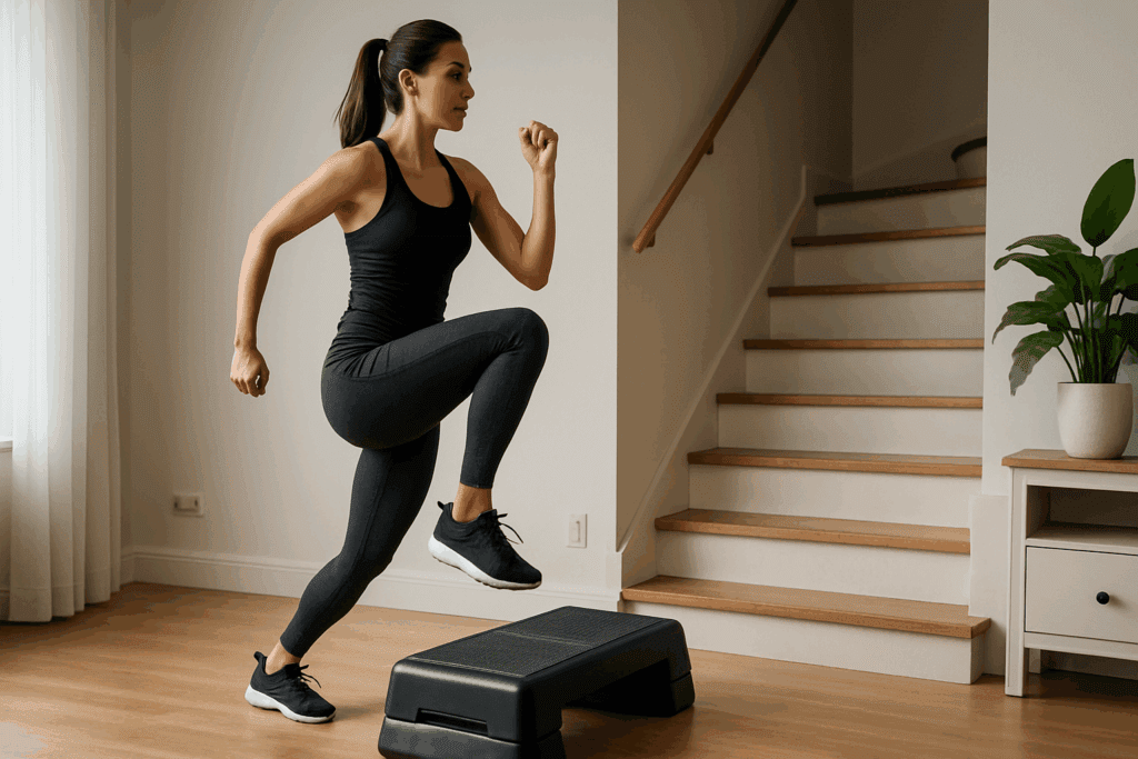 Woman doing step workout on aerobic platform in a bright home, showing cardio alternatives to running at home.