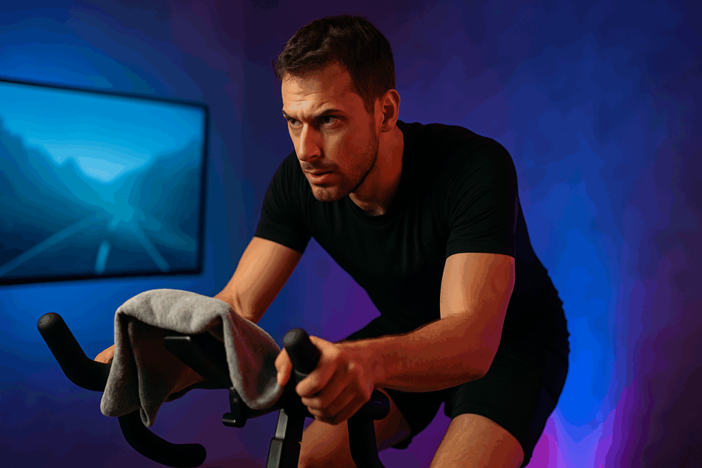 Man cycling indoors on a stationary bike with towel and water bottle nearby, illustrating Cardio Alternatives to Running at Home
