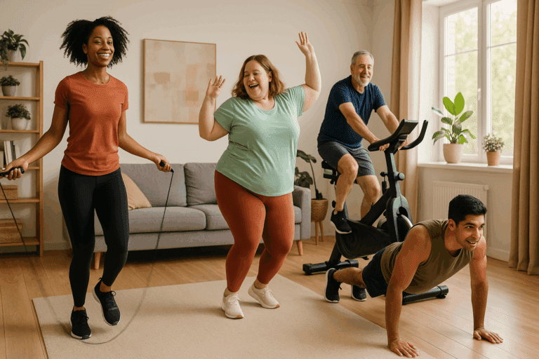 Diverse group of people doing cardio alternatives to running at home, including jump rope, dancing, biking, and bodyweight exercises in a bright living room.