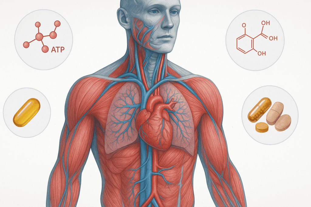 Human anatomy diagram highlighting heart, lungs, and muscles with floating cardio workout supplements like ATP and antioxidants.