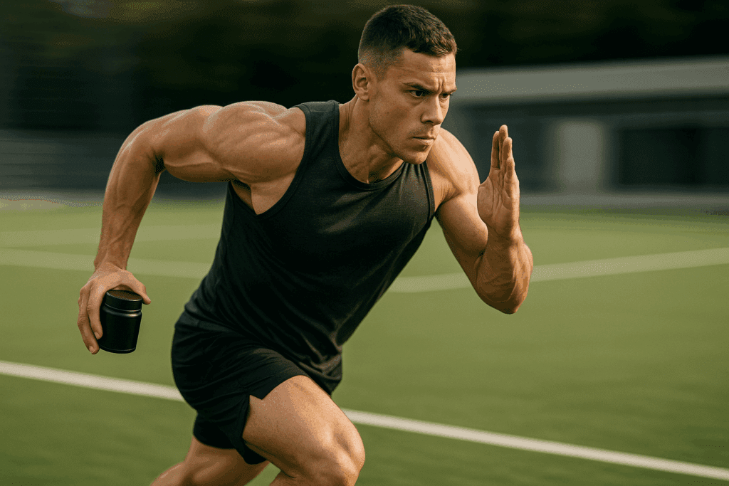 Muscular athlete sprinting on a sports field with creatine container in hand, symbolizing cardio workout supplements enhancing endurance.
