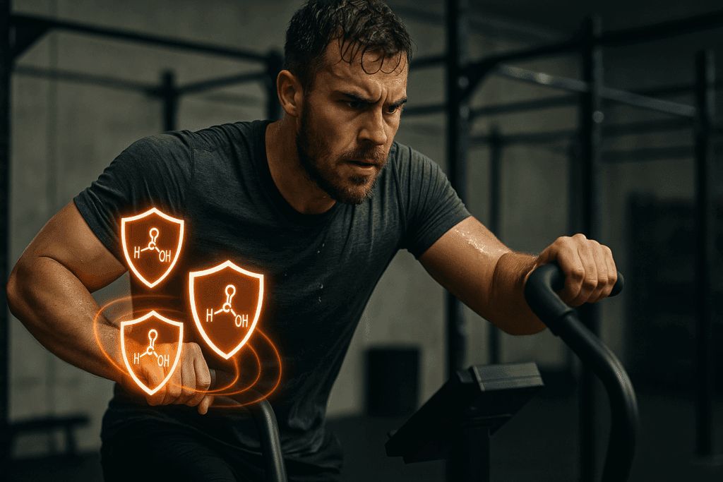 HIIT athlete cycling intensely in a gym with digital shields symbolizing muscle buffering from cardio workout supplements