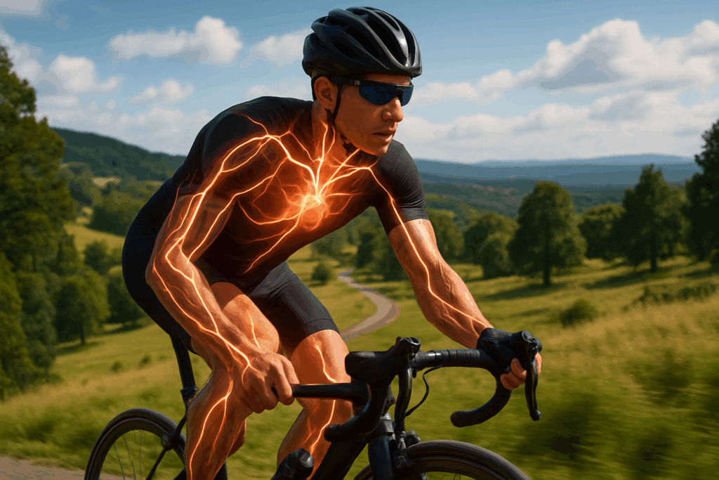 Cyclist powering through hills with glowing veins to illustrate effects of cardio workout supplements on oxygen flow and endurance