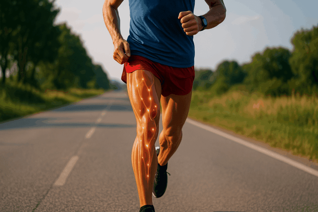 Marathon runner mid-stride on a sunlit road with glowing BCAAs in leg muscles, symbolizing cardio workout supplements in action