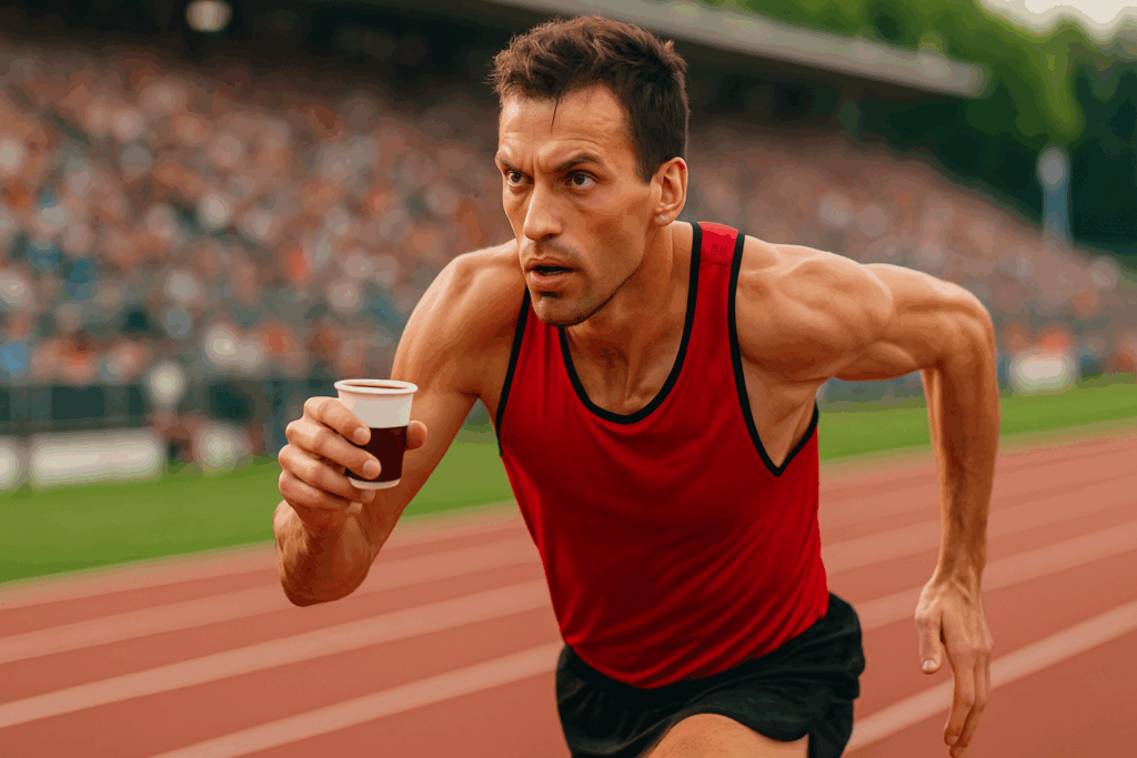 Determined male runner holding a cup of energy drink during a stadium race, symbolizing the performance-boosting effects of cardio workout supplements
