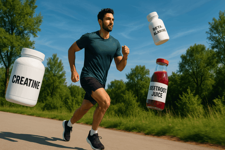 Athlete running outdoors on a sunny path, surrounded by floating cardio workout supplements like creatine, beta-alanine, and beetroot juice.