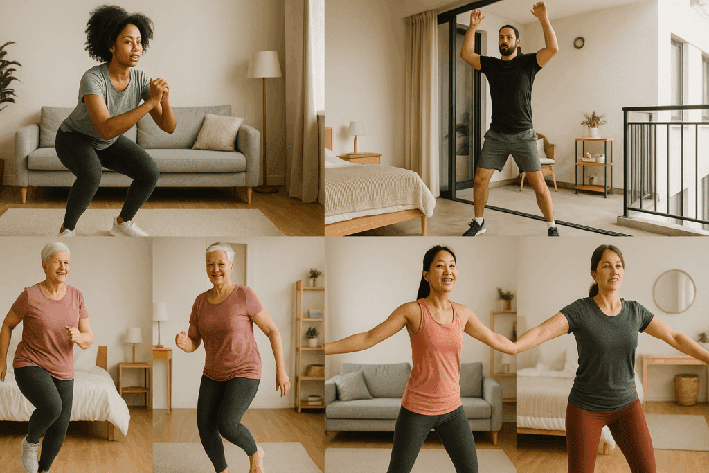 Diverse individuals performing top cardio workouts in small spaces like living rooms and balconies, including squat jumps and step-touches.