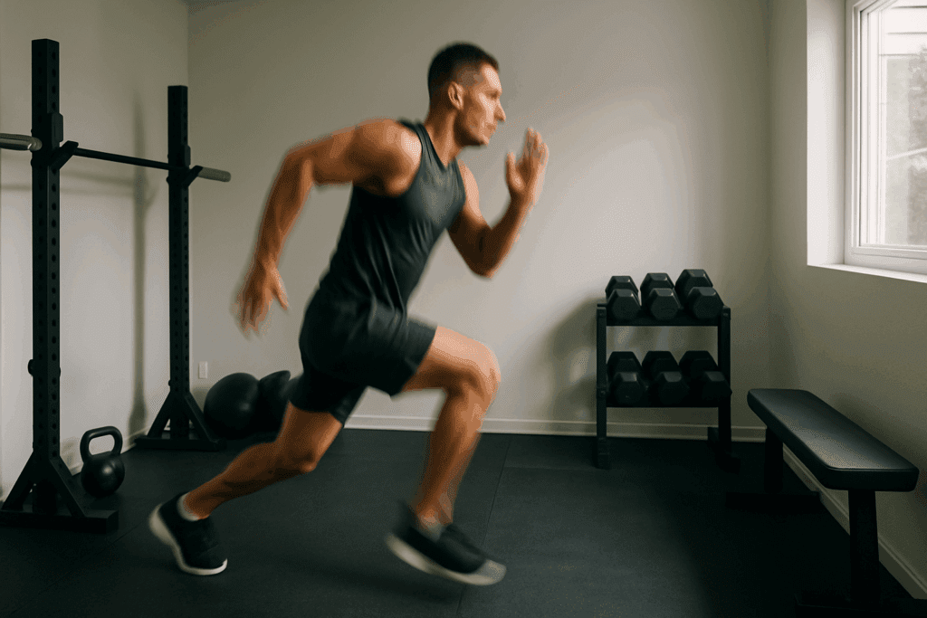Man performing jumping lunge in a home gym, demonstrating Top Cardio Workouts in Small Spaces with high-intensity bodyweight movement.