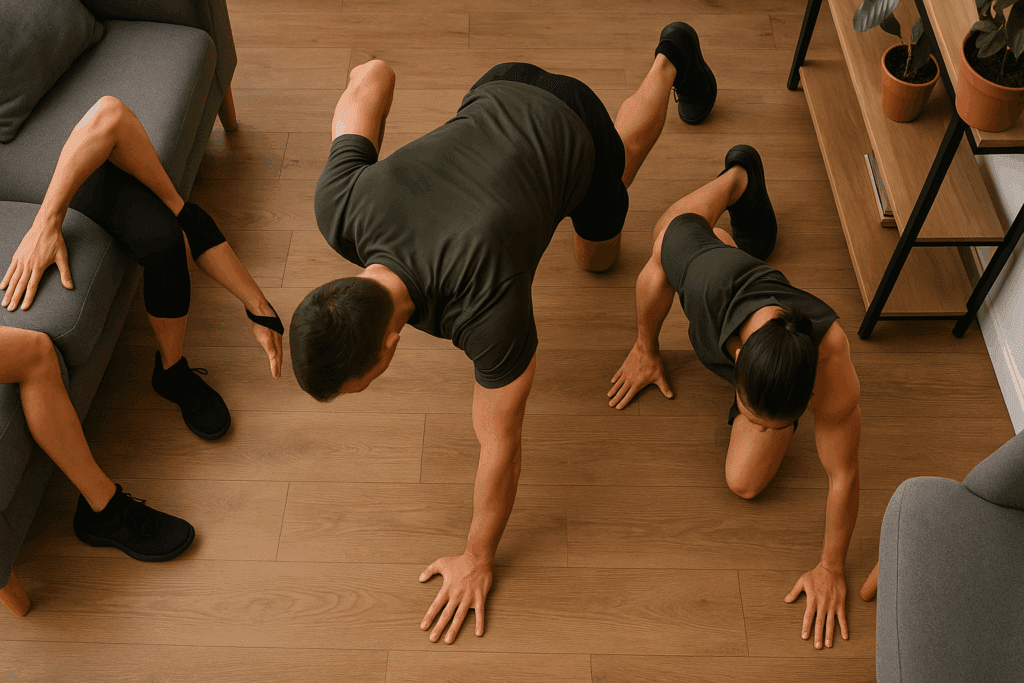 Person performing a bear crawl in a living room circuit workout, showing top cardio workouts in small spaces