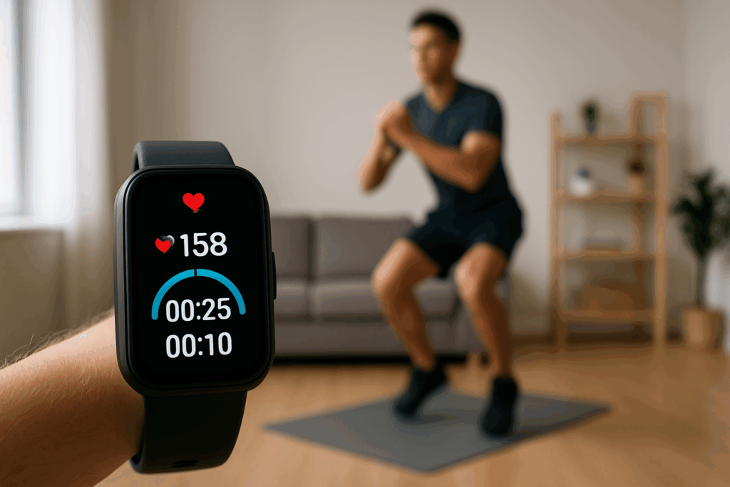 Smartwatch showing heart rate and interval timer during home exercise, highlighting top cardio workouts in small spaces