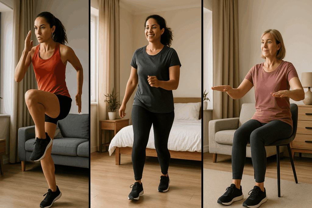 Three women demonstrate top cardio workouts in small spaces, including high-intensity, step-touch, and seated aerobics in compact living areas.