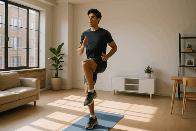 Young man doing high knees on a yoga mat in a bright apartment living room, demonstrating top cardio workouts in small spaces.